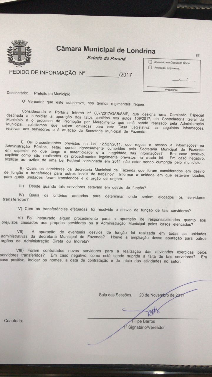 Vereador quer saber sobre os funcionários em desvio de função na prefeitura