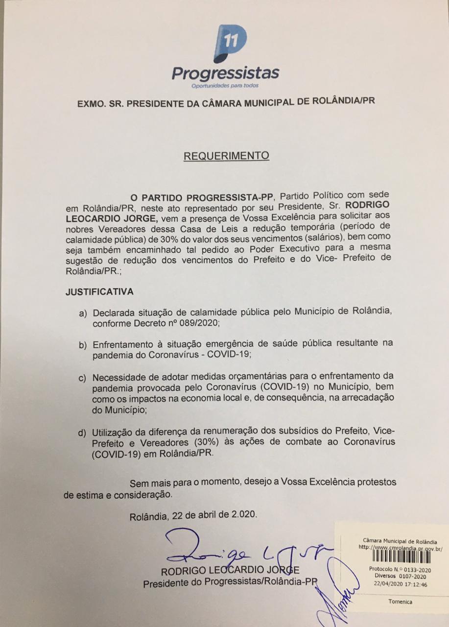 PP de Rolândia pede que vereadores reduzam os próprios salários