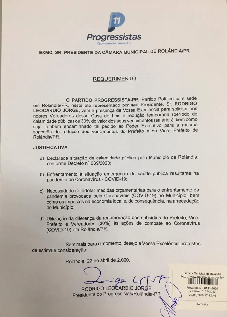 PP de Rolândia pede que vereadores reduzam os próprios salários