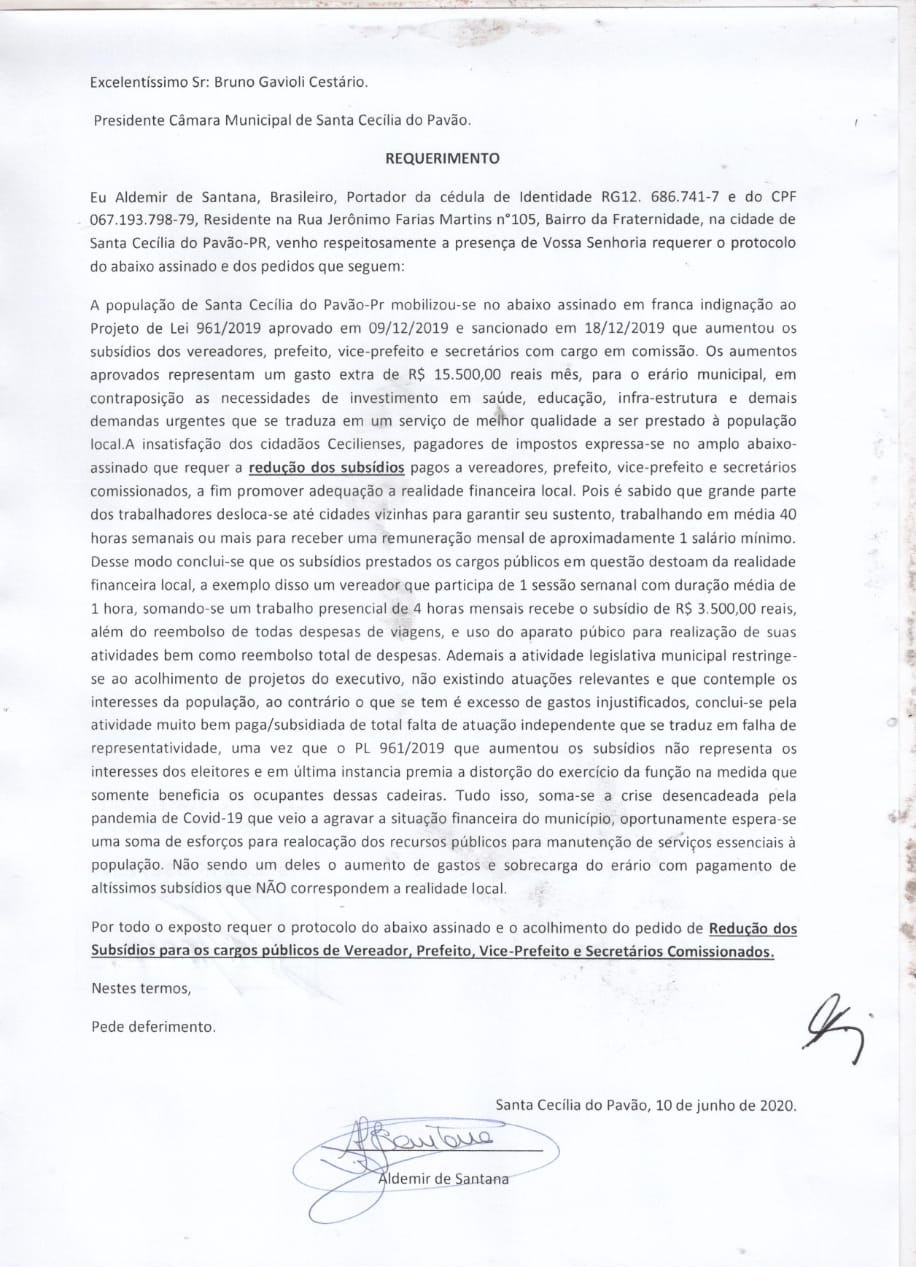 Abaixo assinado para que vereadores de Santa Cecília do Pavão reduzam os salários