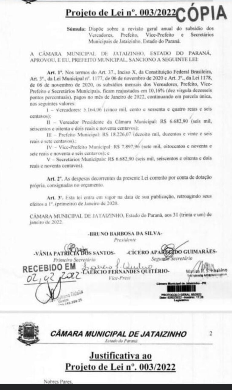 Reajuste salarial para prefeito e vereadores de Jataizinho