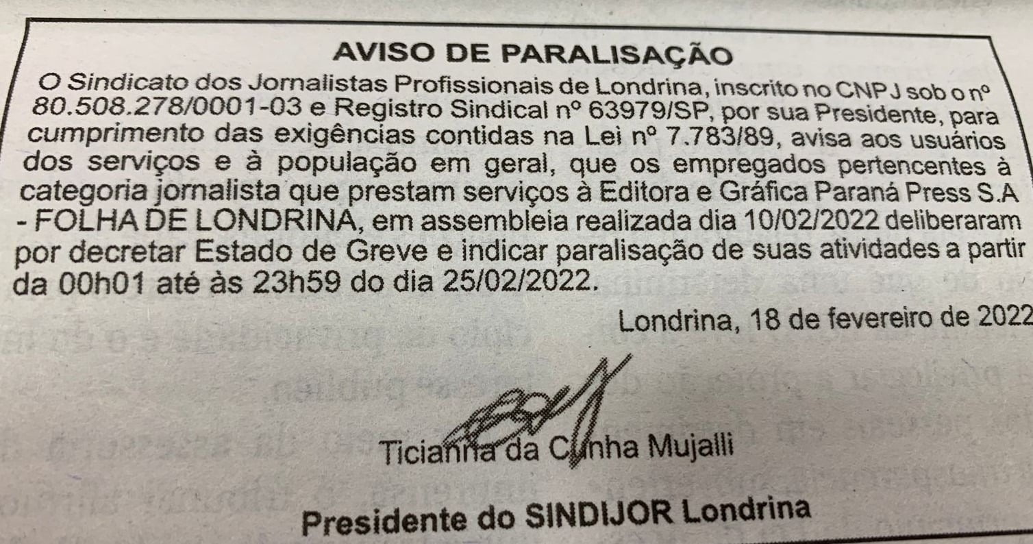 Jornalistas da Folha de Londrina podem entrar em greve