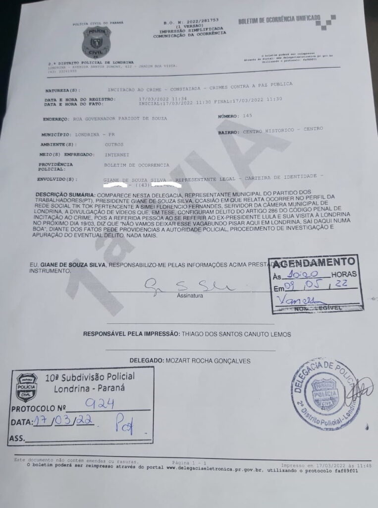 Assessor de vereadora bolsonarista de Londrina é denunciado por “incitação ao crime”