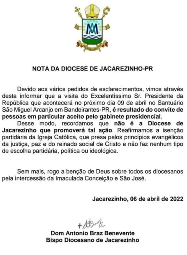 Diocese de Jacarezinho emite nota sobre a visita do presidente Bolsonaro