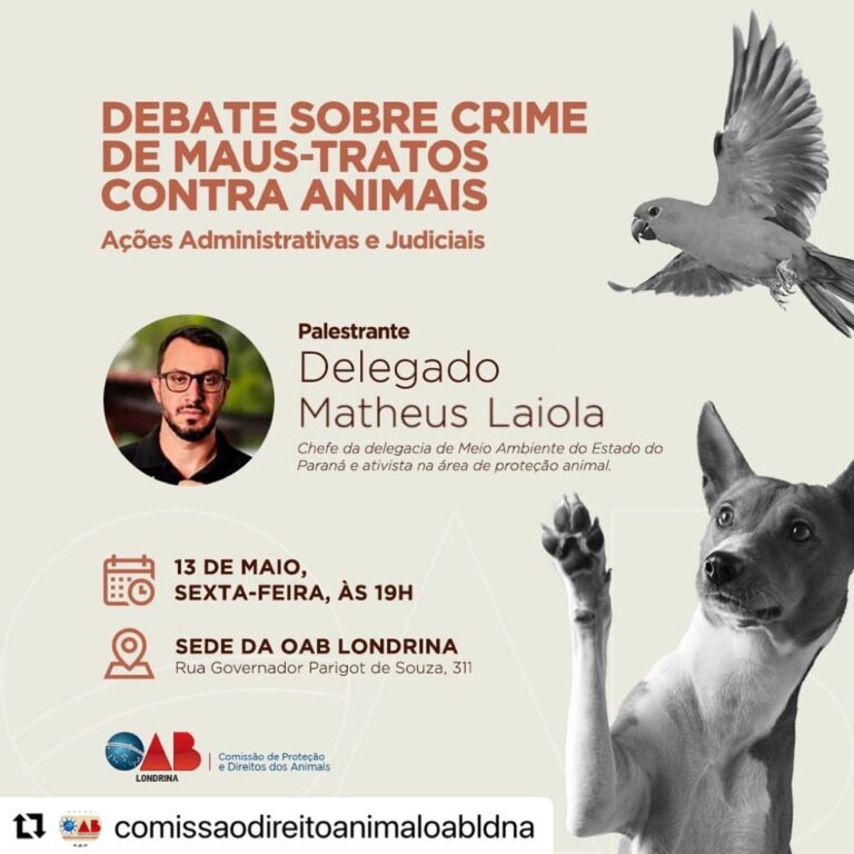 Crimes contra os animais. Palestra e jantar beneficente