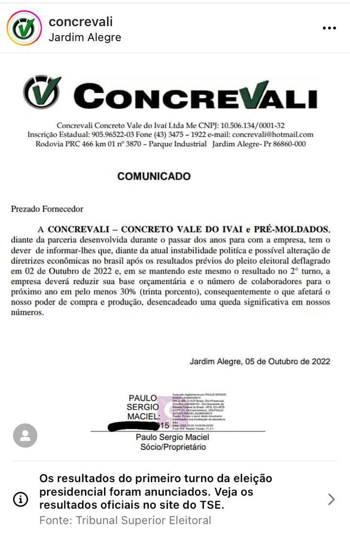 Empresa do Paraná ameaça demitir 30% dos funcionários se Lula ganhar
