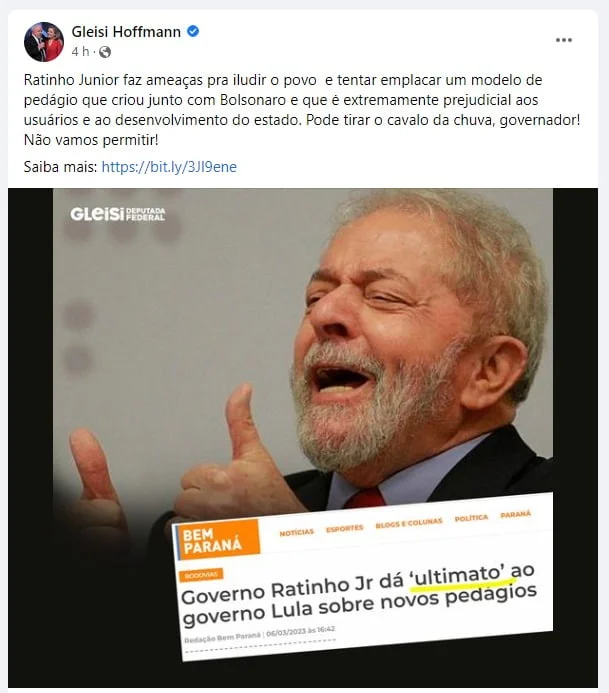 "Pode tirar o cavalo da chuva, governador", disse Gleisi Hoffmann a Ratinho Jr