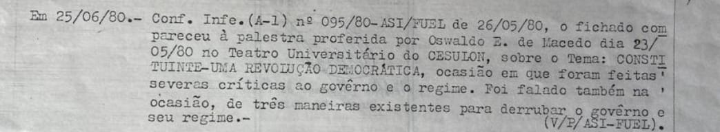 Os arapongas da Ditadura e o deputado constituinte Osvaldo Macedo