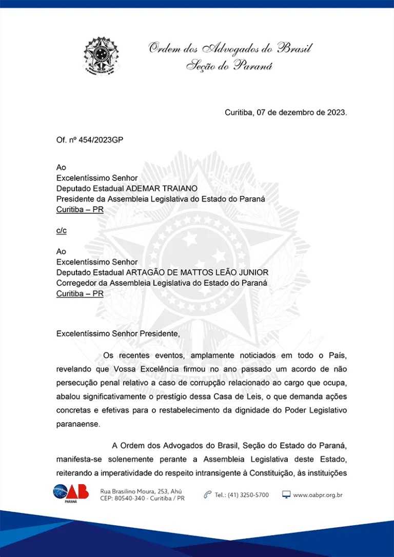 OAB do Paraná pede o afastamento de Ademar Traiano da Assembleia Legislativa