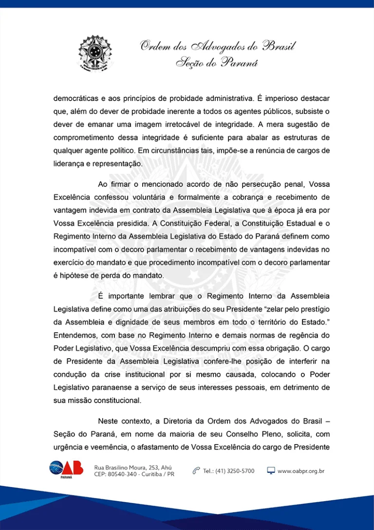 OAB do Paraná pede o afastamento de Ademar Traiano da Assembleia Legislativa