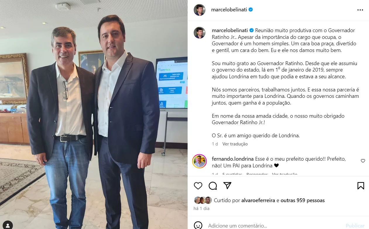 Reunião entre Ratinho Jr e Marcelo Belinati provoca especulações