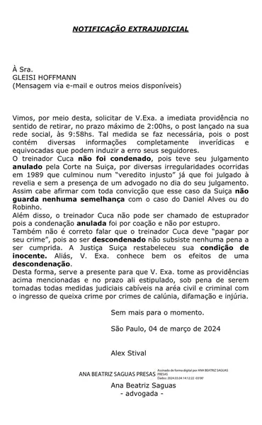 Gleisi retirou o post contra o treinador Cuca