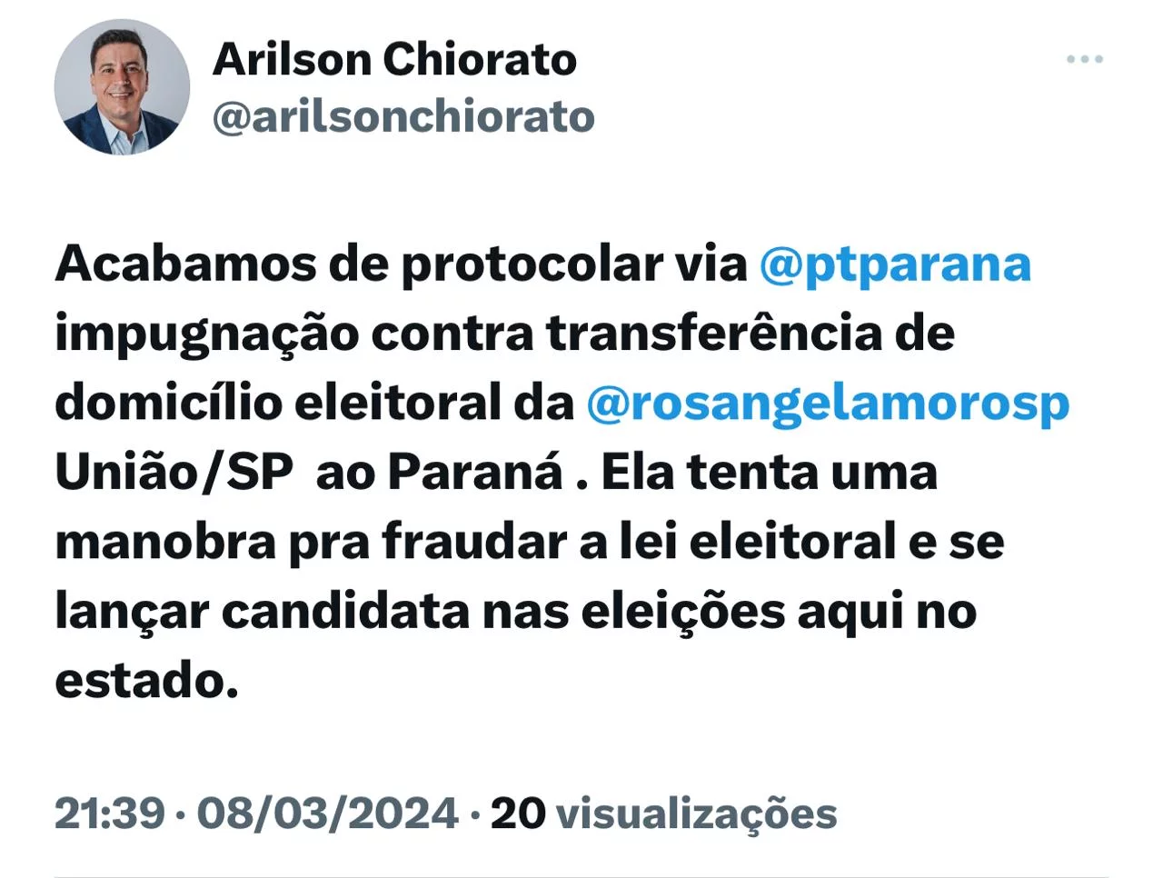 A transferência de título eleitoral da Rosangela Moro para o Paraná está dando azia em personagens da política