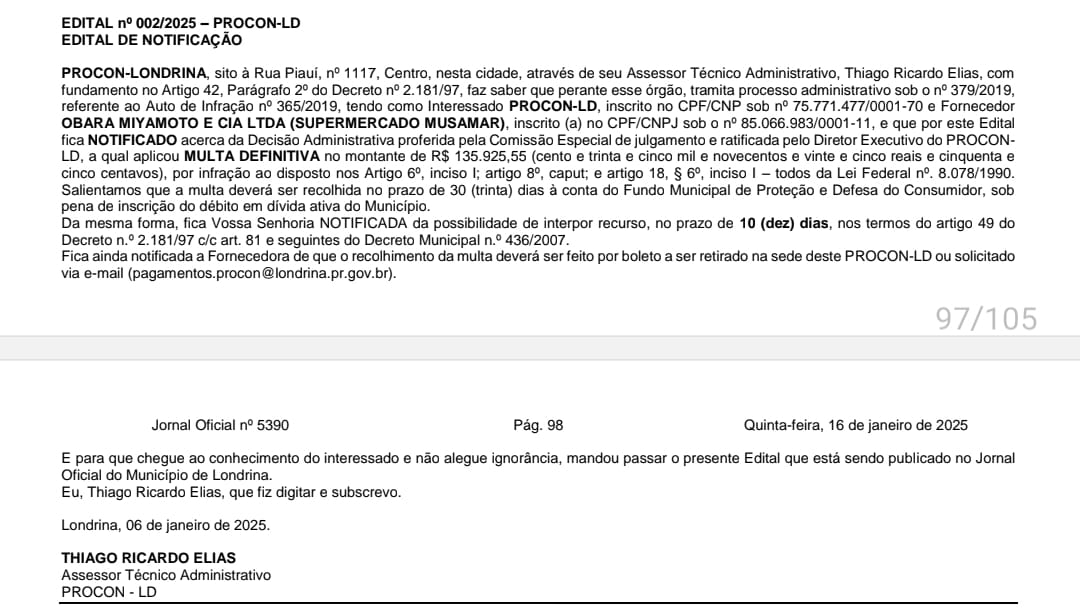 Procon de Londrina multa rede Musamar, que encerrou atividades há mais de um ano