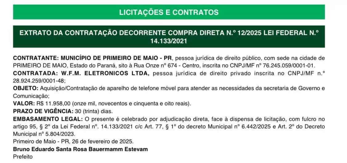 Prefeito de Primeiro de Maio já está no foco do Ministério Público