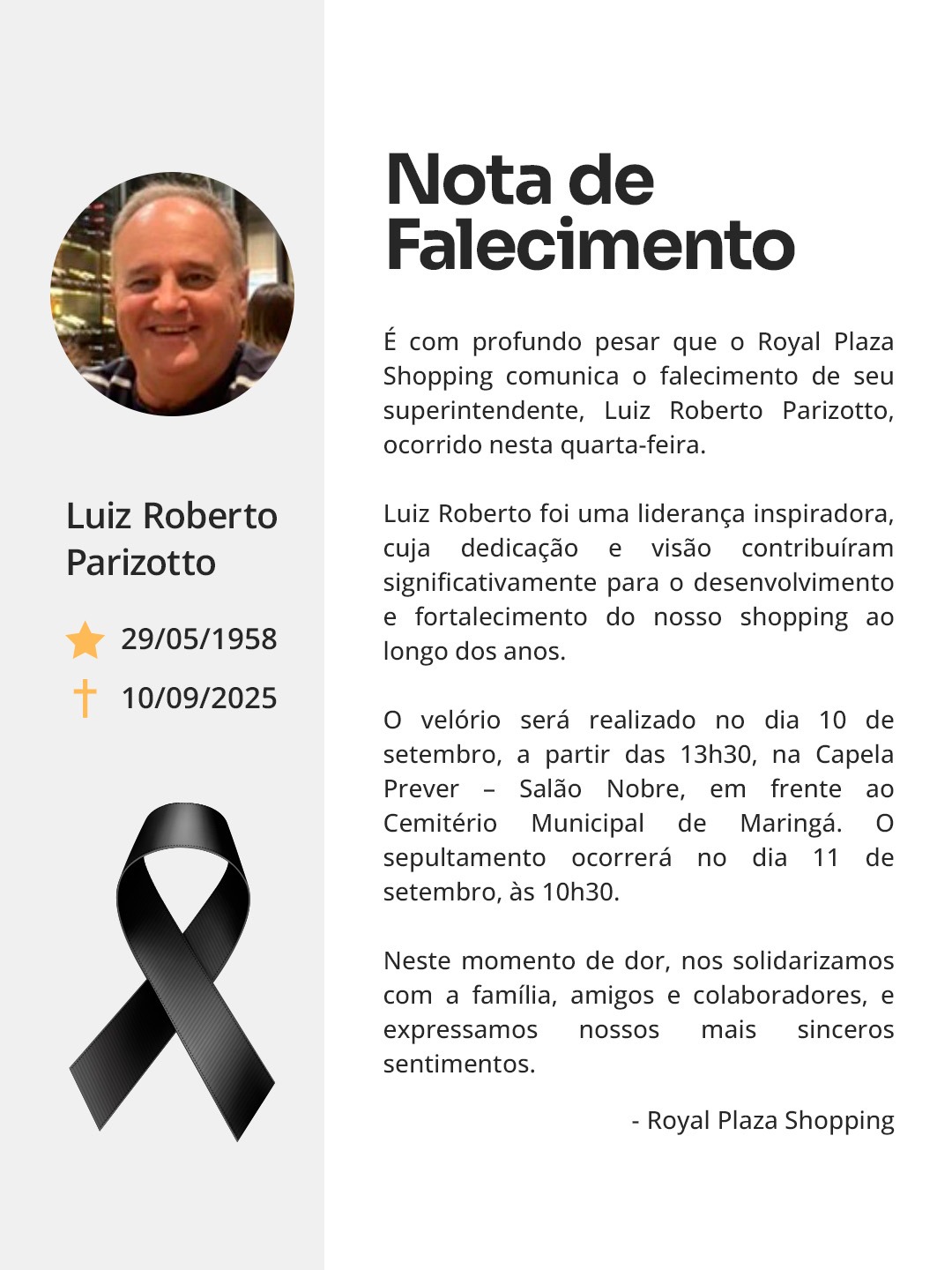Morre Luiz Roberto Parizotto, superintendente do Royal Plaza Shopping