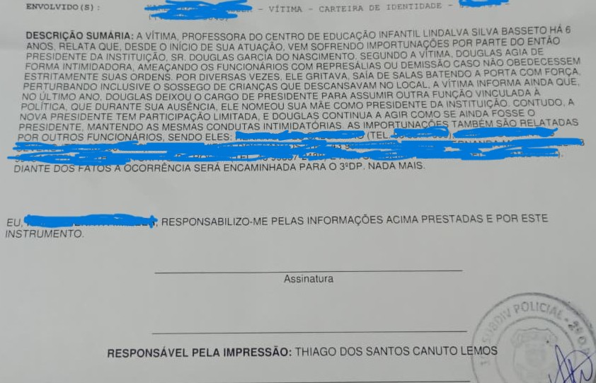 Servidores do CEI Lindalva Basseto registram Boletim de Ocorrência contra ex-presidente da instituição em Londrina