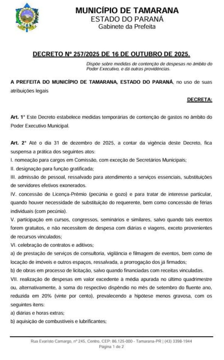 Prefeita de Tamarana decreta "cinto apertado até nova ordem"