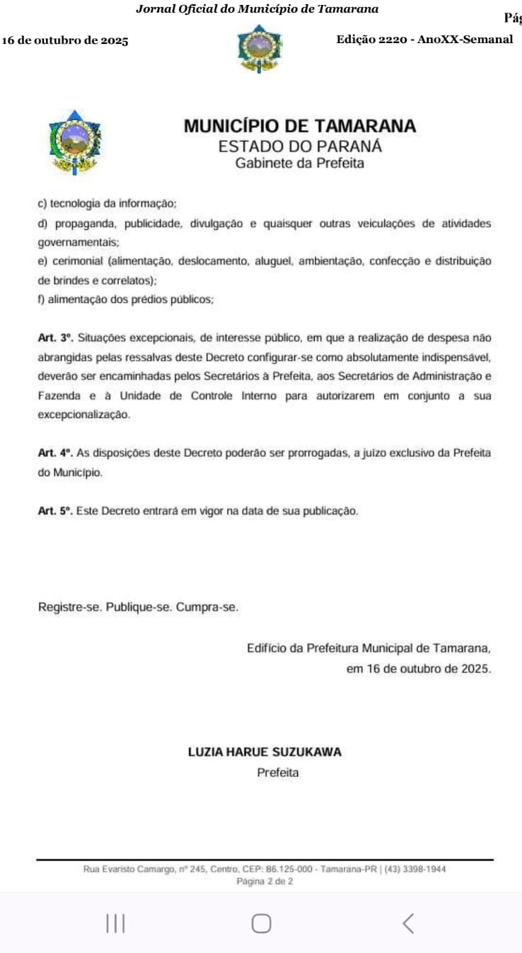 Prefeita de Tamarana decreta "cinto apertado até nova ordem"