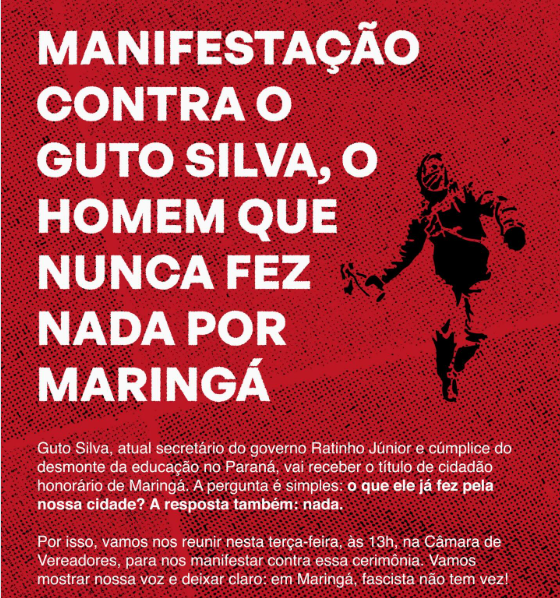 Guto Silva recebe hoje homenagem na Câmara de Maringá; Grupo promete protesto