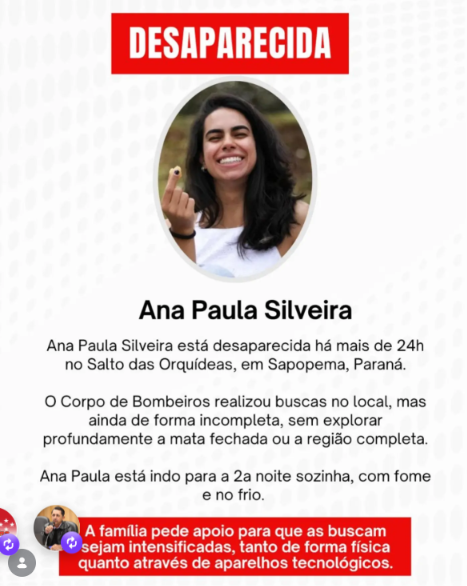 Ana Paula fazia trilha em Sapopema e continua desaparecida. Familiares pedem ajuda