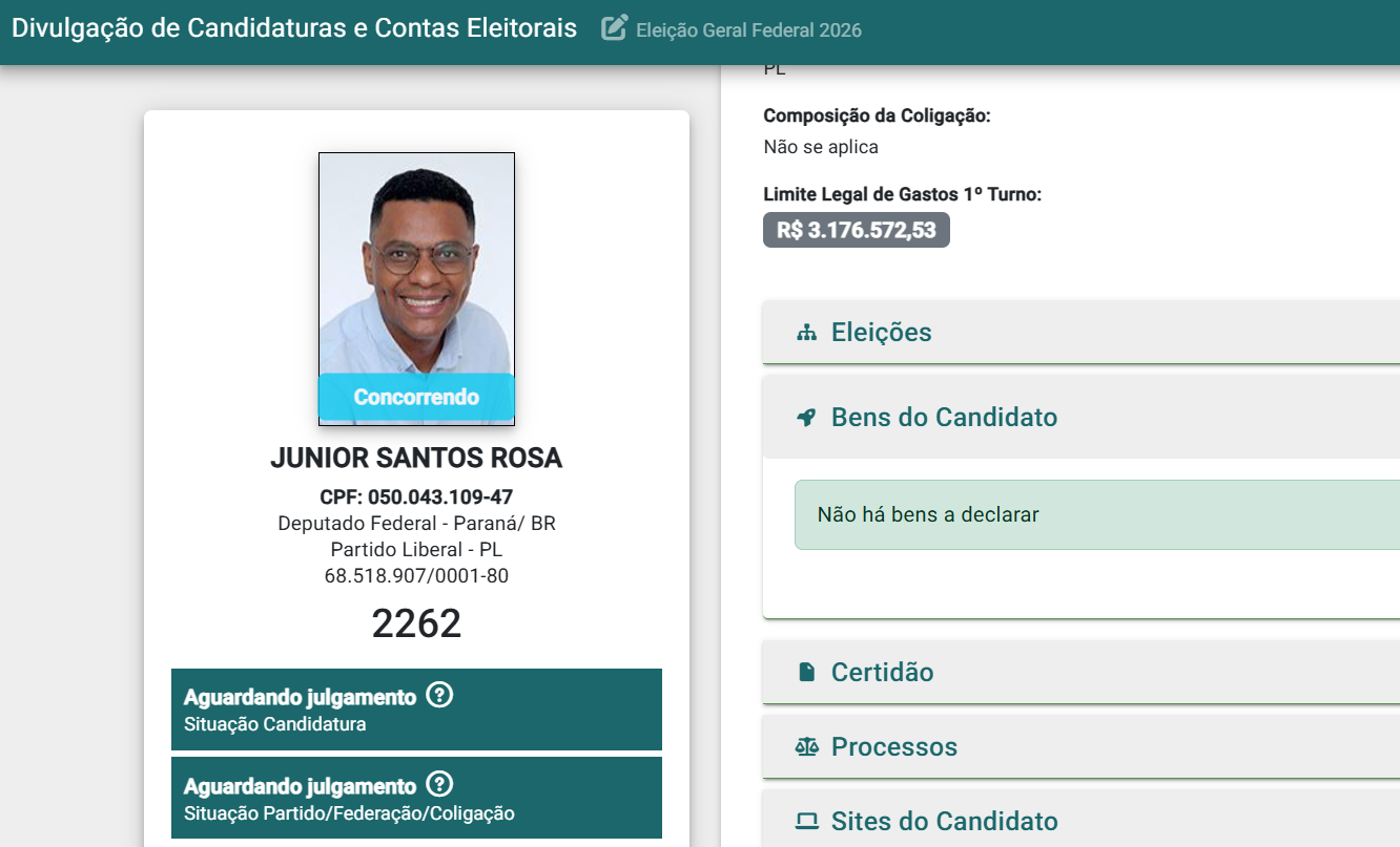 Vice-prefeito de Londrina e candidato a deputado federal declarou não ter qualquer patrimônio