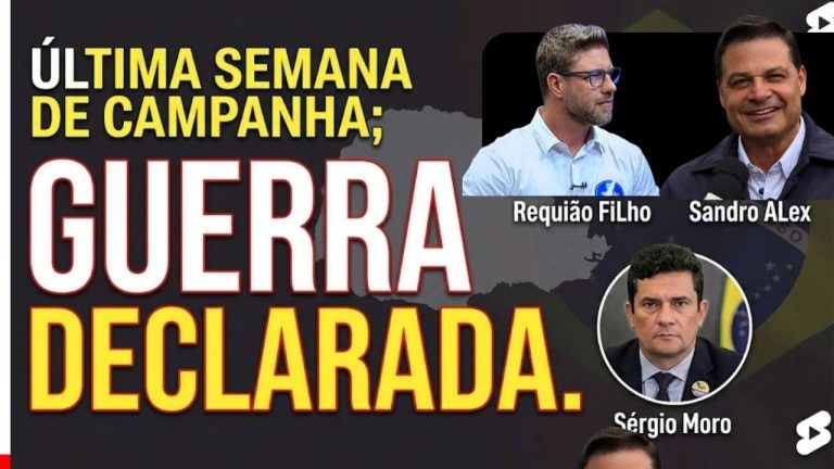 Imagem criada com inteligência articificial, mostrando os candidatos ao governo do Paraná: Sandro Alex (PSD), Requião Filho (PDT) e Sérgio Moro (PL)