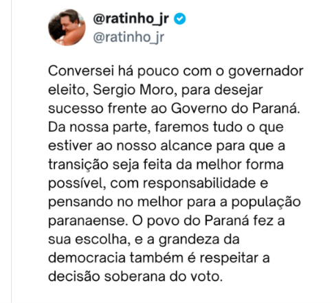Ratinho Jr deseja sucesso a Moro e diz que quer transição de governo tranquila