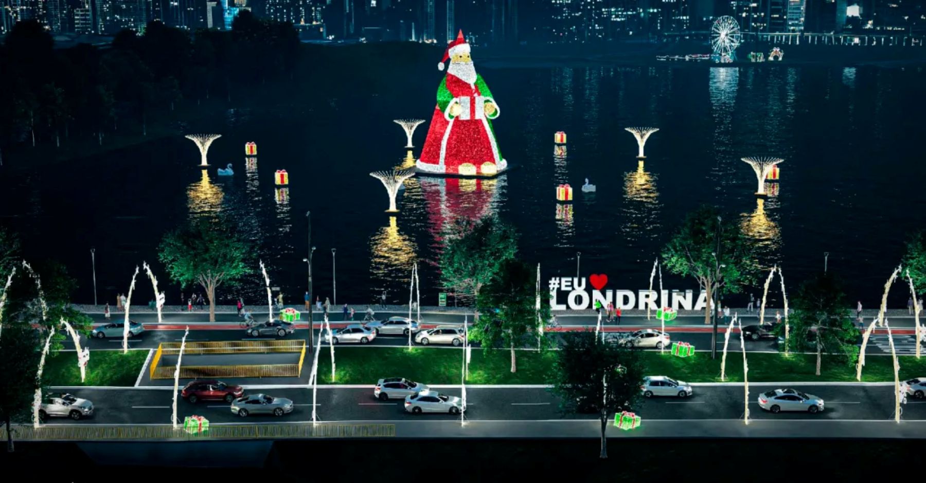 Imagem da decoração de Natal de Londrina de 2025, com o maior Papai Noel do mundo, no Lago Igapó